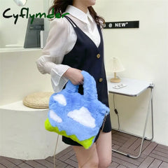 Cyflymder Cute Soft Plush Women’s Shoulder Bag Cartoon Sky Clouds Female Girls Small Tote