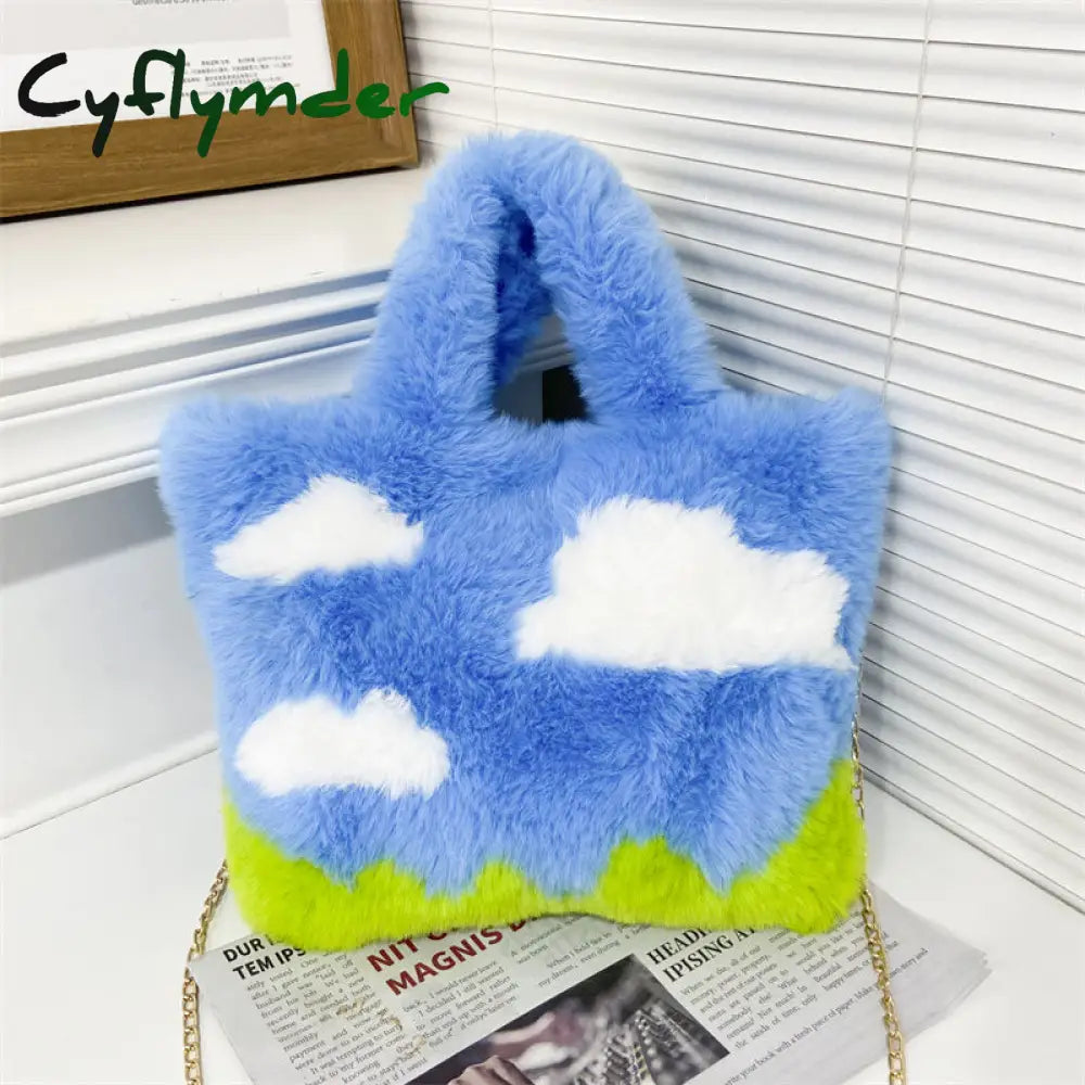 Cyflymder Cute Soft Plush Women’s Shoulder Bag Cartoon Sky Clouds Female Girls Small Tote