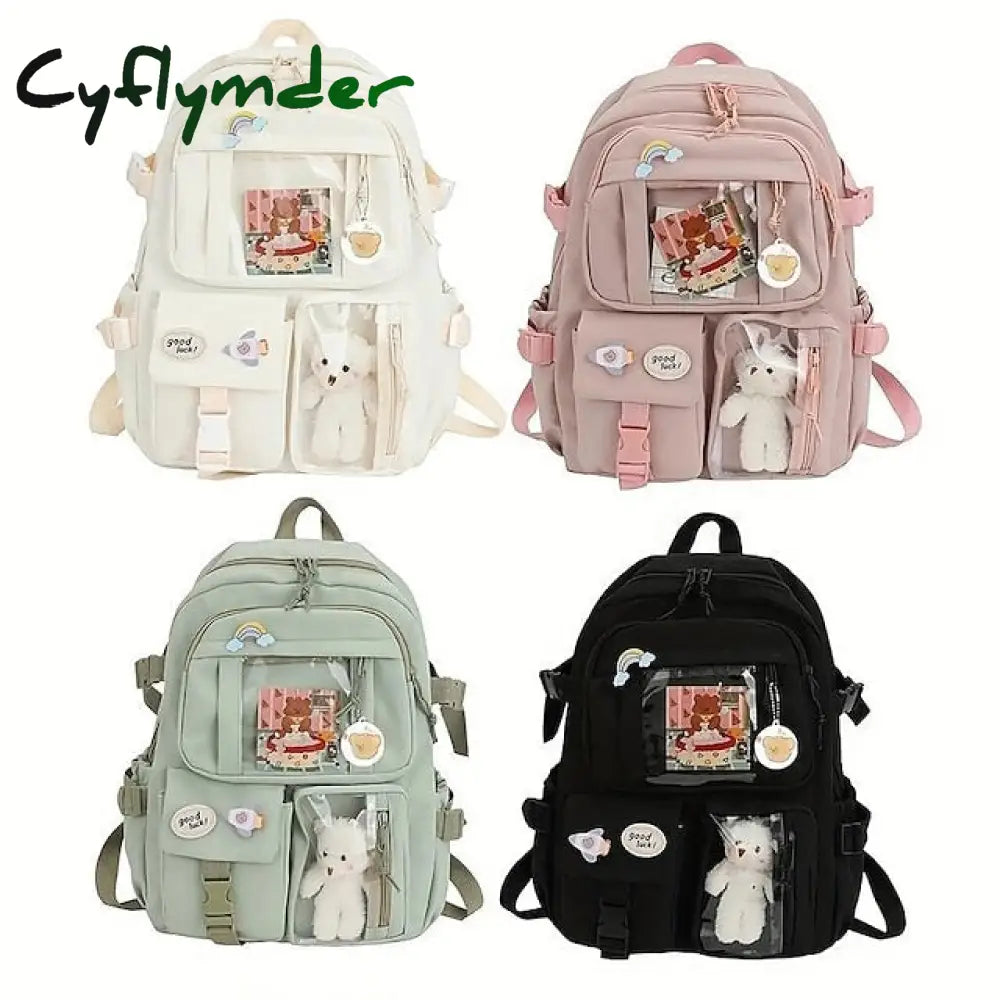Cyflymder Cute Transparent Pocket Backpack With Plush Toy - Large Capacity Multi-Pocket Back To