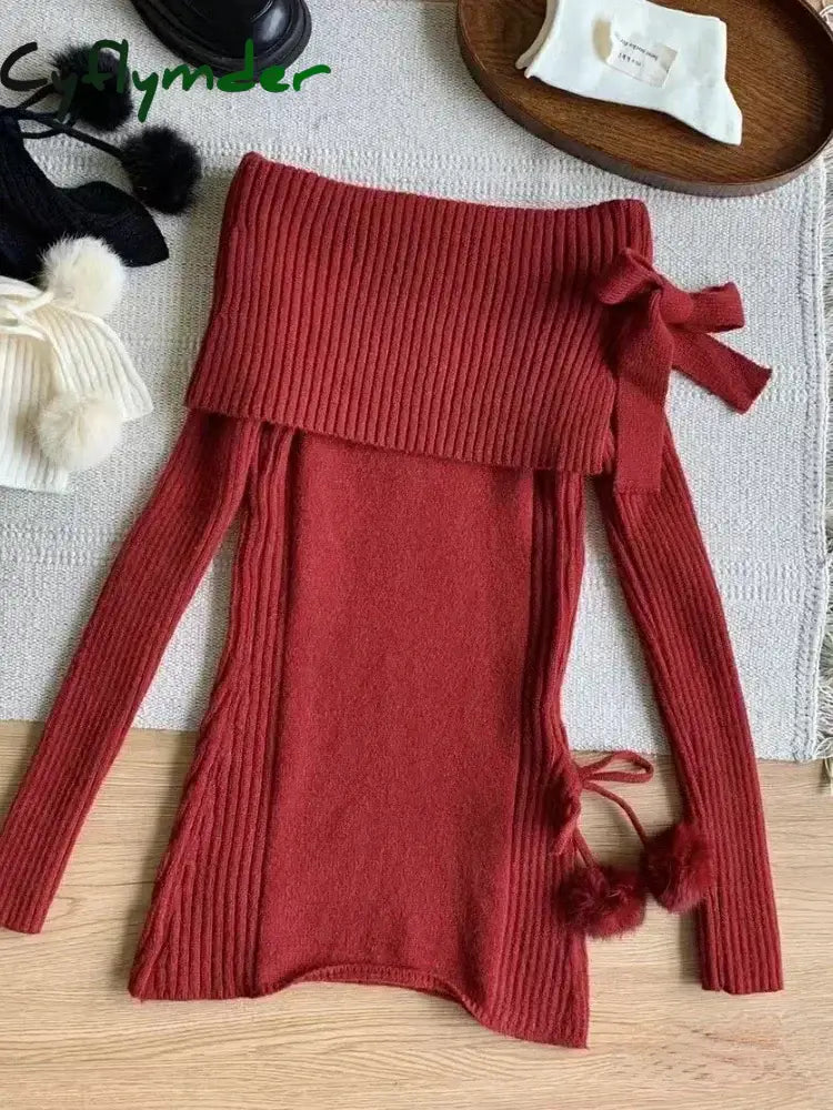 Cyflymder cute winter outfits Fashion Sweet Elastic Slim 2 Piece Set Woman Winter Chic Solid Bow Long Sleeve Tops
