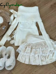 Cyflymder cute winter outfits Fashion Sweet Elastic Slim 2 Piece Set Woman Winter Chic Solid Bow Long Sleeve Tops