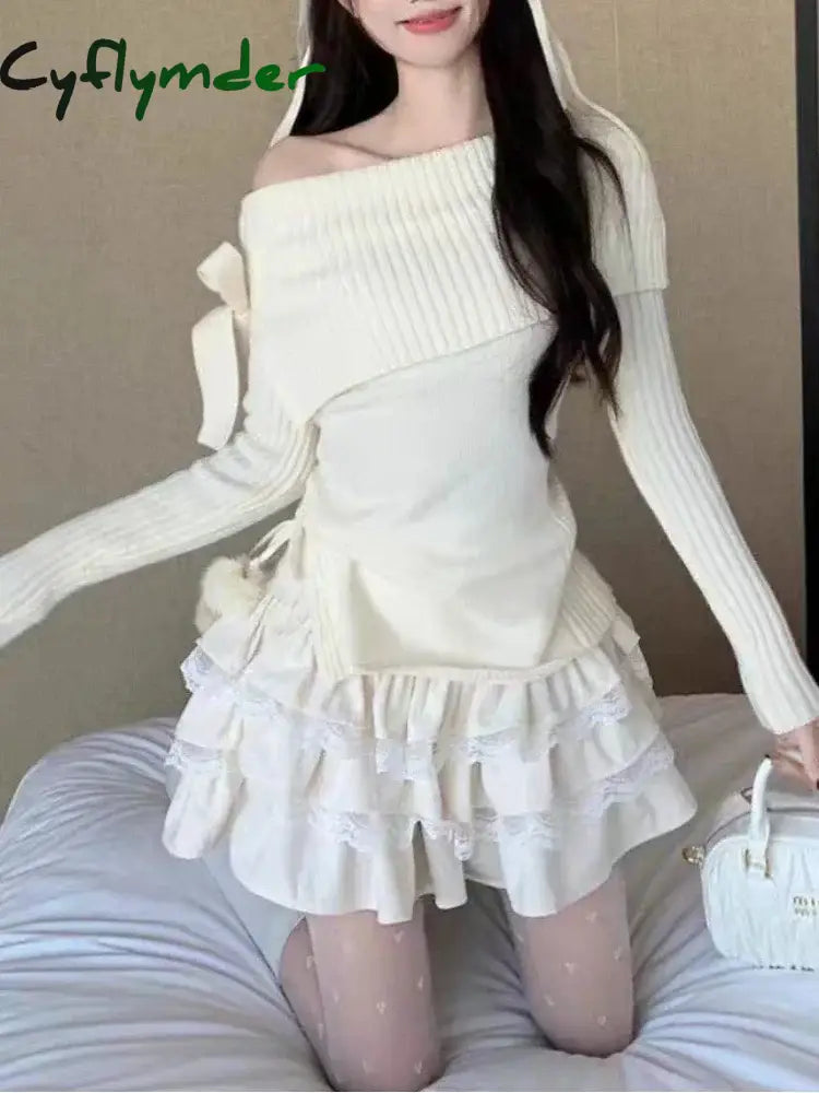 Cyflymder cute winter outfits Fashion Sweet Elastic Slim 2 Piece Set Woman Winter Chic Solid Bow Long Sleeve Tops