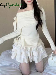 Cyflymder cute winter outfits Fashion Sweet Elastic Slim 2 Piece Set Woman Winter Chic Solid Bow Long Sleeve Tops