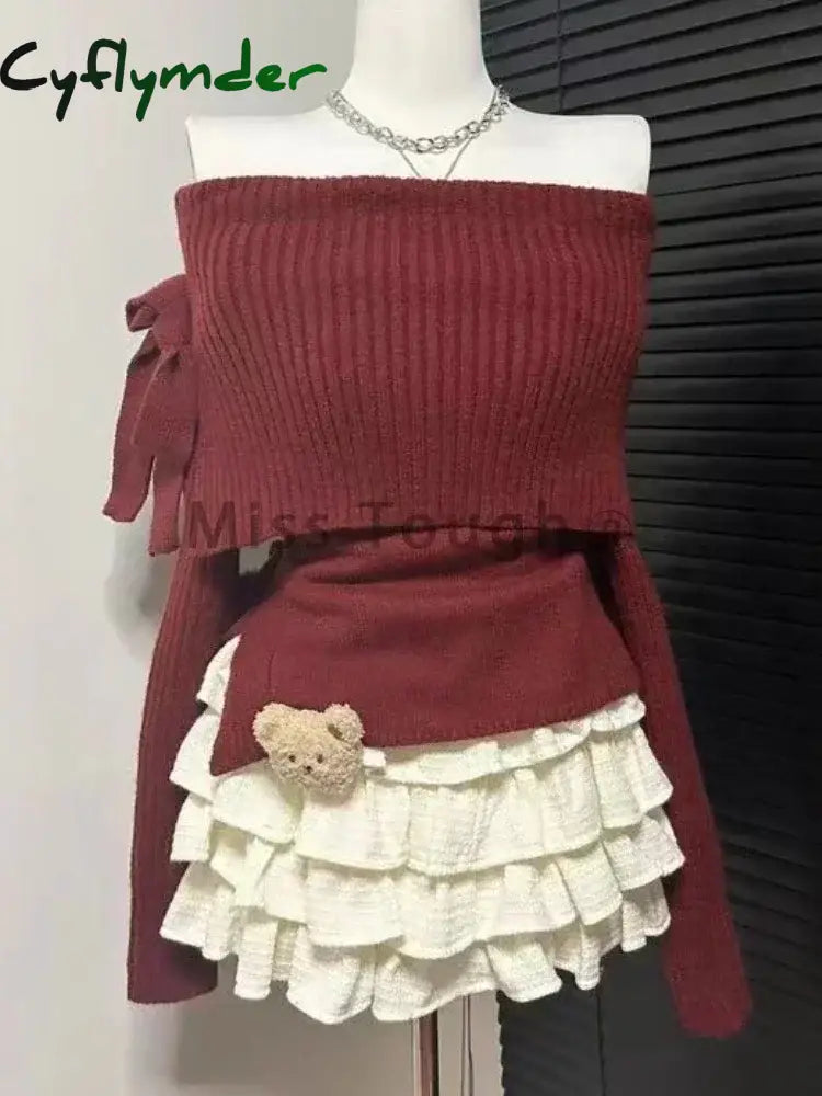 Cyflymder cute winter outfits Fashion Sweet Elastic Slim 2 Piece Set Woman Winter Chic Solid Bow Long Sleeve Tops