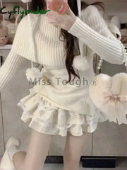 Cyflymder cute winter outfits Fashion Sweet Elastic Slim 2 Piece Set Woman Winter Chic Solid Bow Long Sleeve Tops