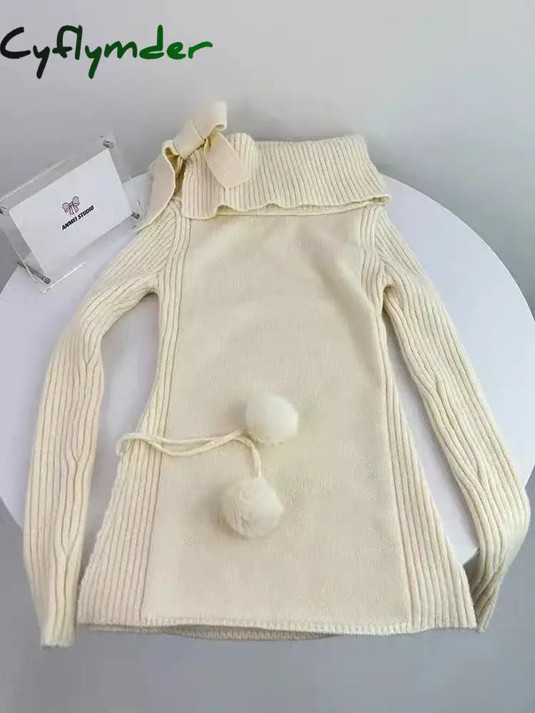 Cyflymder cute winter outfits Fashion Sweet Elastic Slim 2 Piece Set Woman Winter Chic Solid Bow Long Sleeve Tops