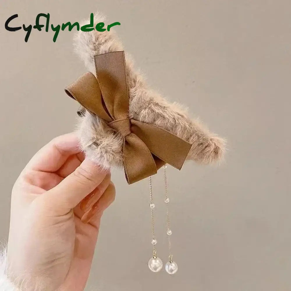 Cyflymder cute winter outfits New Fashion Bow Tassel Pendant Hair Clips Korea Ponytail Plush Shark Claw Girls Fall and