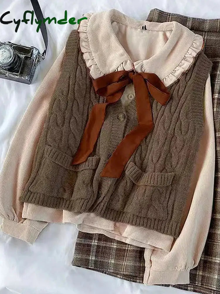 Cyflymder cute winter outfits Preppy Three-piece Women’s Suit Spring Autumn Female Student Korean Loose Lace-up Shirt