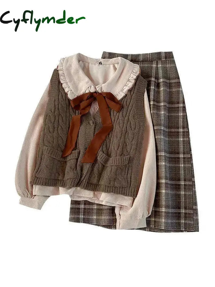 Cyflymder cute winter outfits Preppy Three-piece Women’s Suit Spring Autumn Female Student Korean Loose Lace-up Shirt