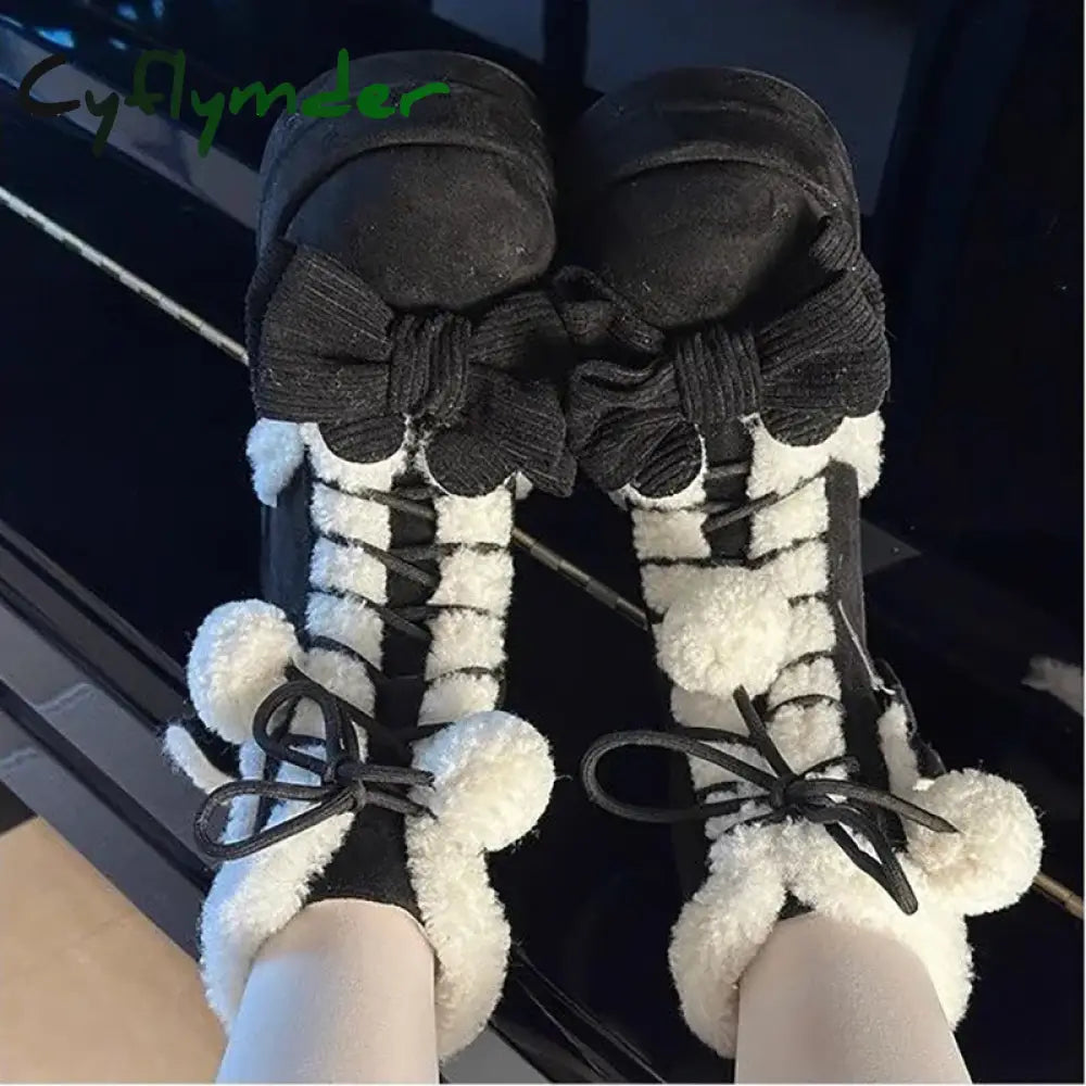 Cyflymder cute winter outfits Sweet Winter Girls Lolita Mid-Calf Snow Boots,Cute Female Students Plush Warm Bowknots