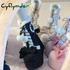 Cyflymder cute winter outfits Sweet Winter Girls Lolita Mid-Calf Snow Boots,Cute Female Students Plush Warm Bowknots