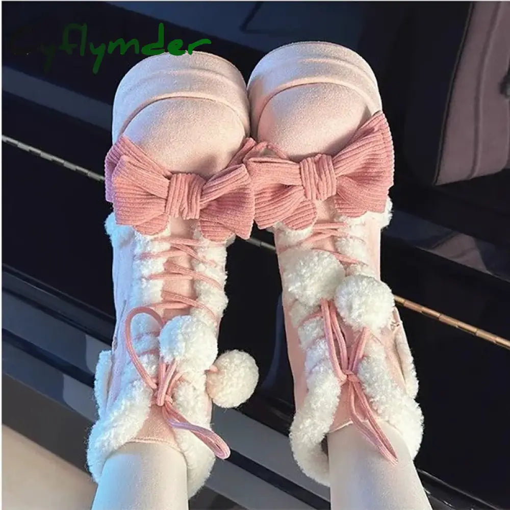 Cyflymder cute winter outfits Sweet Winter Girls Lolita Mid-Calf Snow Boots,Cute Female Students Plush Warm Bowknots