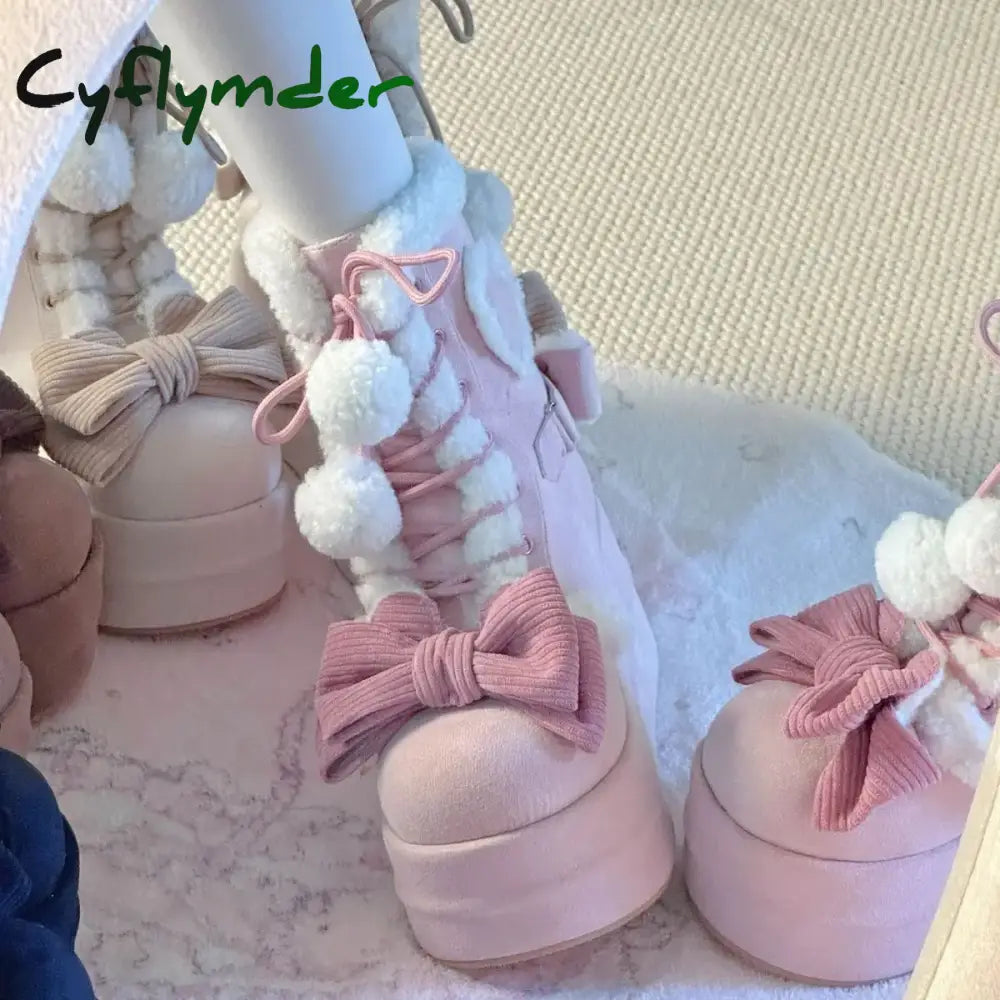 Cyflymder cute winter outfits Sweet Winter Girls Lolita Mid-Calf Snow Boots,Cute Female Students Plush Warm Bowknots