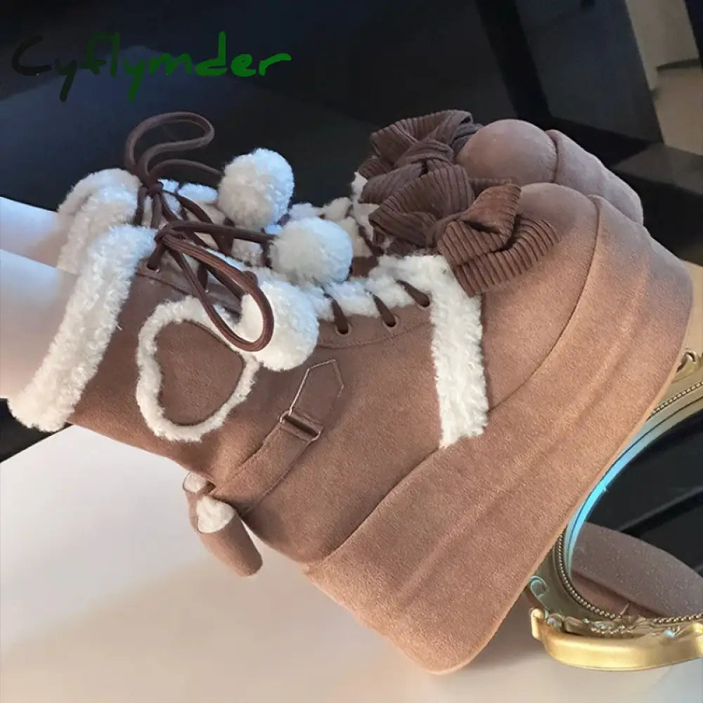 Cyflymder cute winter outfits Sweet Winter Girls Lolita Mid-Calf Snow Boots,Cute Female Students Plush Warm Bowknots