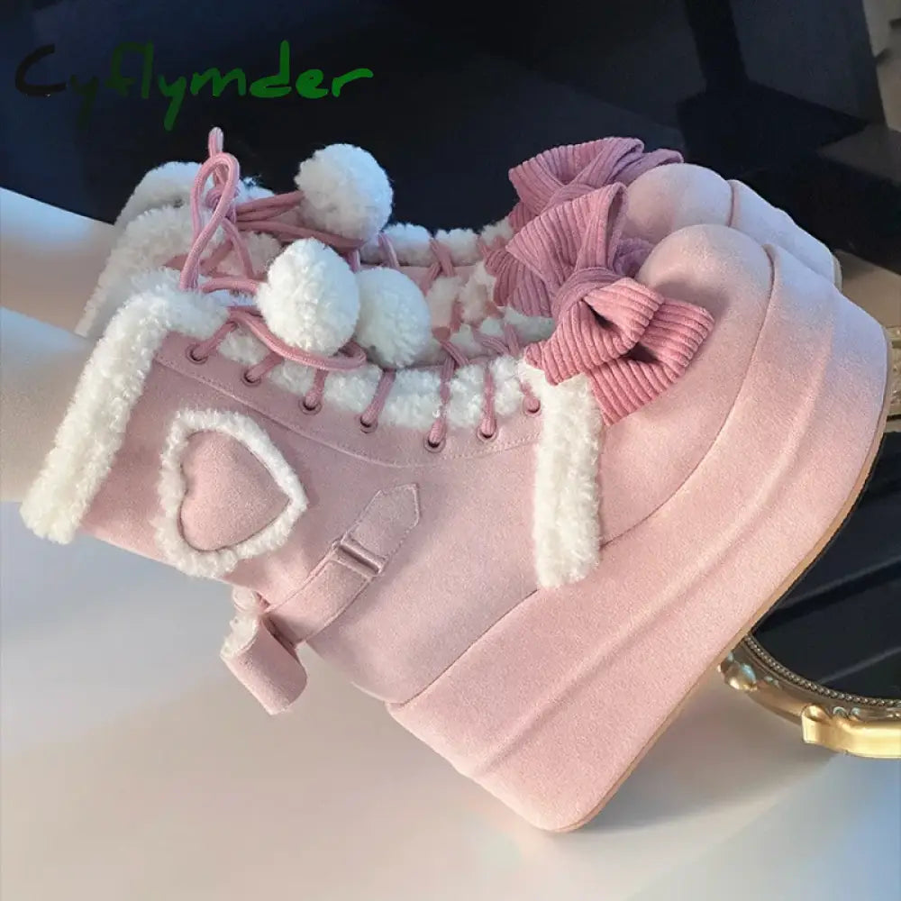 Cyflymder cute winter outfits Sweet Winter Girls Lolita Mid-Calf Snow Boots,Cute Female Students Plush Warm Bowknots