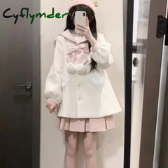 Cyflymder cute winter outfits Women’s Coats Contrast Sailor Collar Bow Single Breasted Heart Pocket Sweet Age Reduction