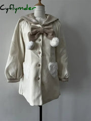 Cyflymder cute winter outfits Women’s Coats Contrast Sailor Collar Bow Single Breasted Heart Pocket Sweet Age Reduction