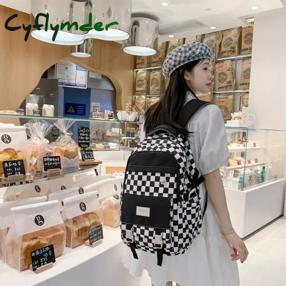 Cyflymder Cute Women’s Nylon Backpack For Teenagers Girls Plaid School Bag Female Student Travel