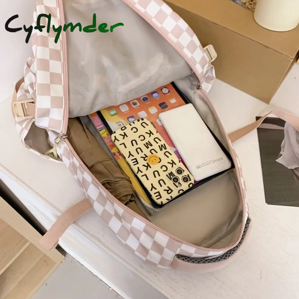 Cyflymder Cute Women’s Nylon Backpack For Teenagers Girls Plaid School Bag Female Student Travel