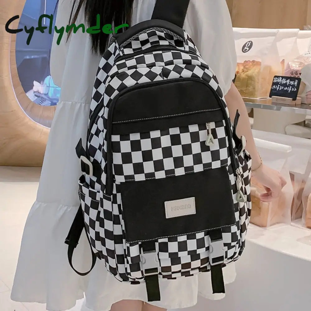 Cyflymder Cute Women’s Nylon Backpack For Teenagers Girls Plaid School Bag Female Student Travel