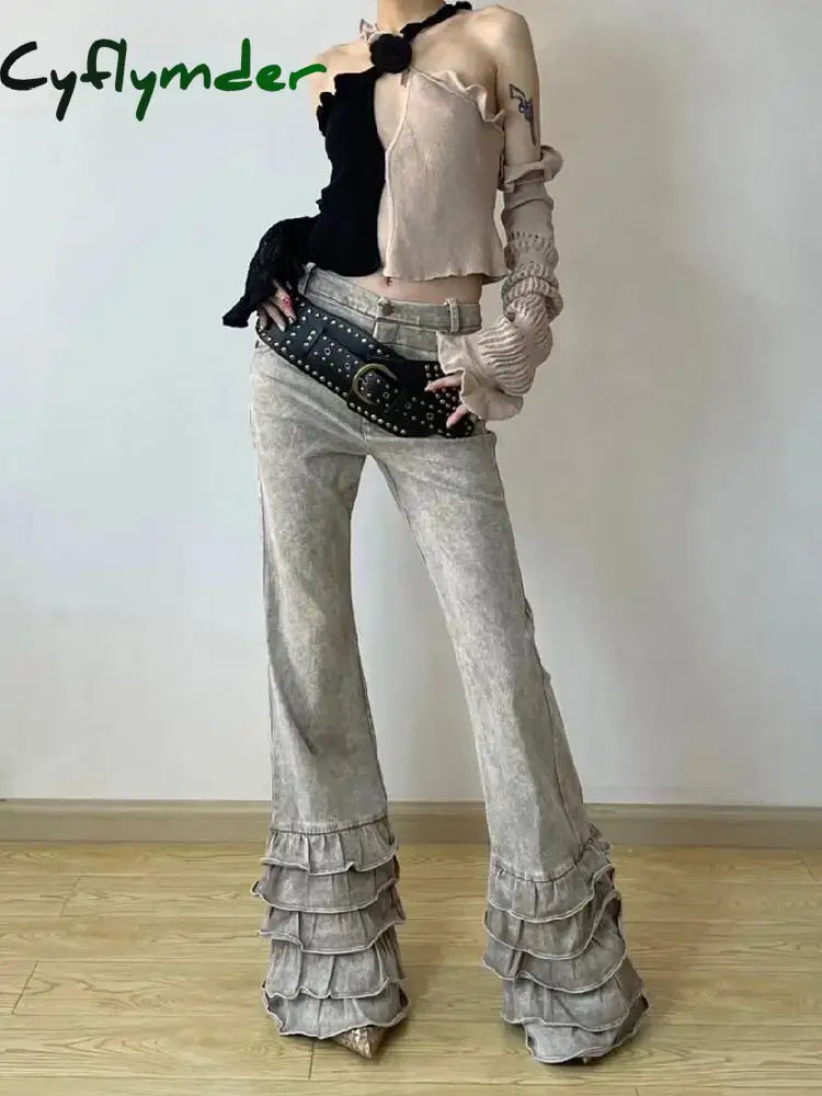 Cyflymder Cyber Y2K Streetwear Washed Apricot Slim New Flared Jeans Pants For Women Designer Clothing Gothic Punk Lady