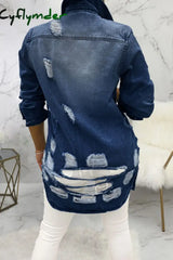 Cyflymder - Dark Blue Turndown Collar Solid Hole Old Washing The Cowboy Pure Long Sleeve Outerwear