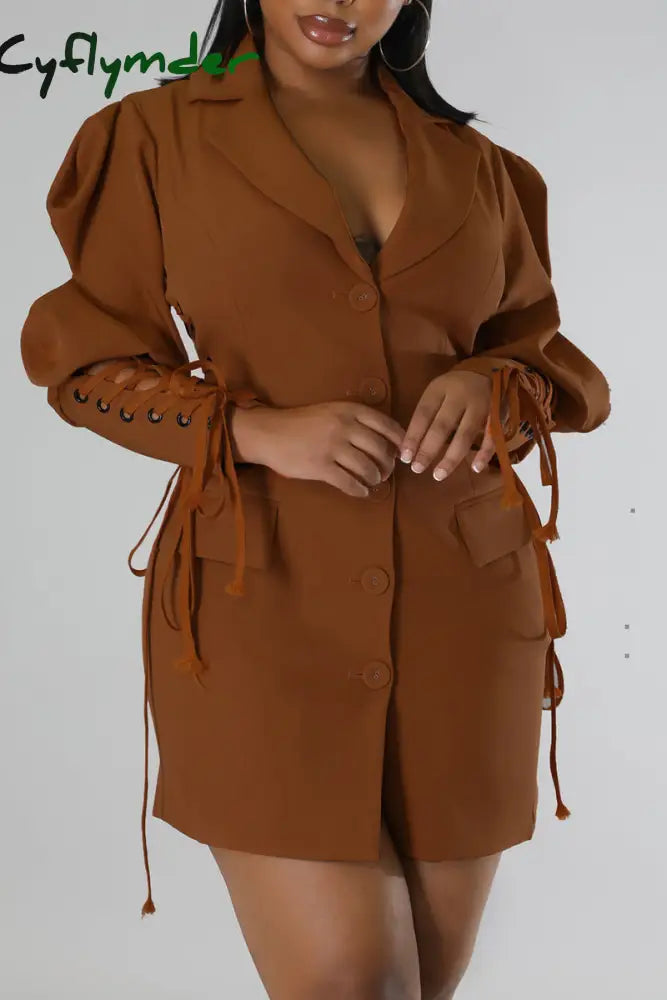 Cyflymder - Dark Brown Casual Solid Bandage Patchwork Buckle Turndown Collar Outerwear / S Blazers