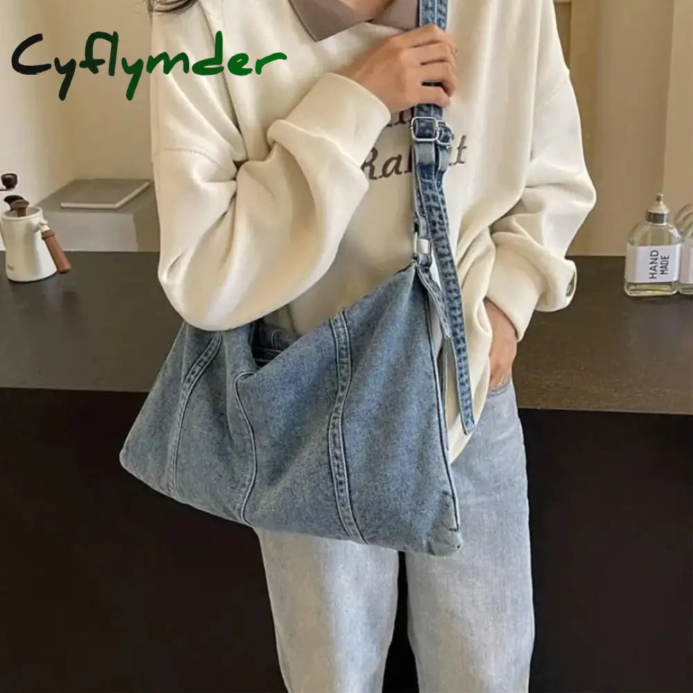 Cyflymder Denim Messenger Bag for Women Fashion Shoulder Bags Chic Hobo Bag Casual Crossbody Bag Outdoor Travel Tote