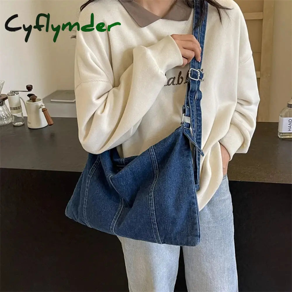 Cyflymder Denim Messenger Bag for Women Fashion Shoulder Bags Chic Hobo Bag Casual Crossbody Bag Outdoor Travel Tote