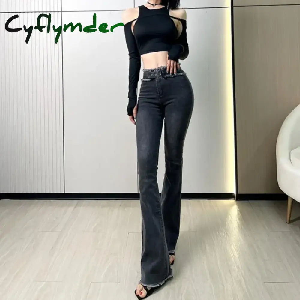 Cyflymder Denim Pants For Women Flare Flared Slim Fit Sexy Bell Bottom Skinny Women’s Jeans Retro