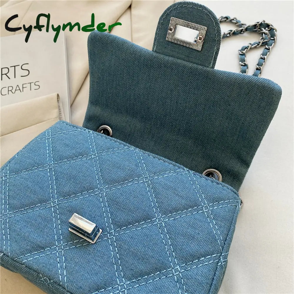 Cyflymder Denim Quilted Chain Small Crossbody Shoulder Bags For Women Brand Designer Jean Blue