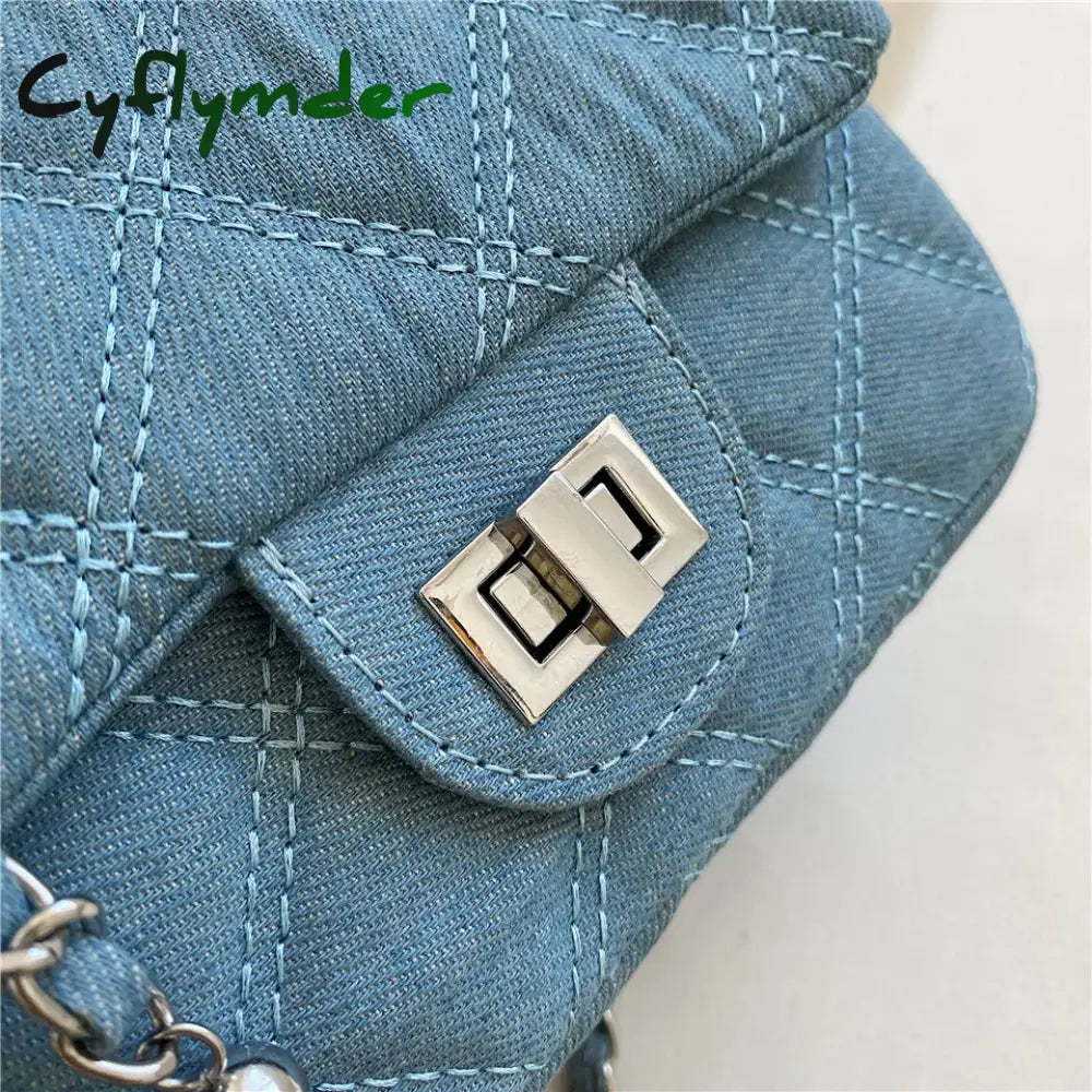 Cyflymder Denim Quilted Chain Small Crossbody Shoulder Bags For Women Brand Designer Jean Blue