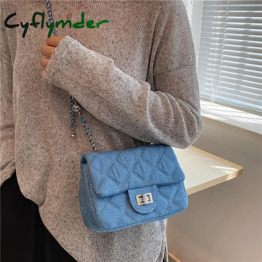 Cyflymder Denim Quilted Chain Small Crossbody Shoulder Bags For Women Brand Designer Jean Blue