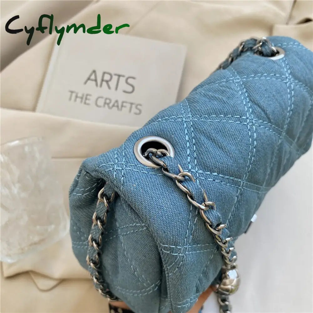 Cyflymder Denim Quilted Chain Small Crossbody Shoulder Bags For Women Brand Designer Jean Blue