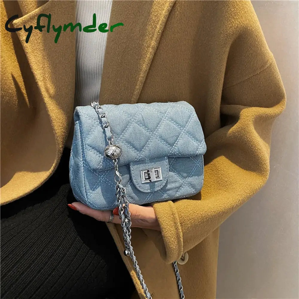 Cyflymder Denim Quilted Chain Small Crossbody Shoulder Bags For Women Brand Designer Jean Blue