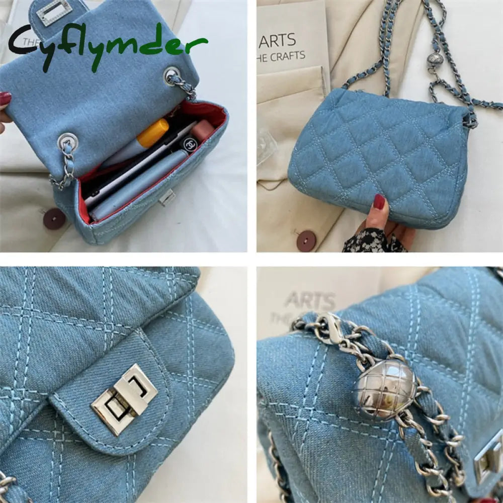 Cyflymder Denim Quilted Chain Small Crossbody Shoulder Bags For Women Brand Designer Jean Blue