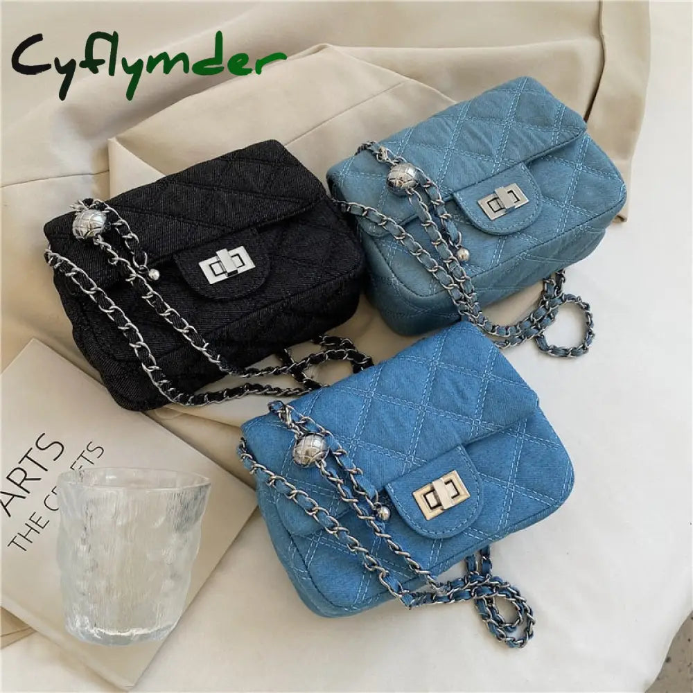 Cyflymder Denim Quilted Chain Small Crossbody Shoulder Bags For Women Brand Designer Jean Blue