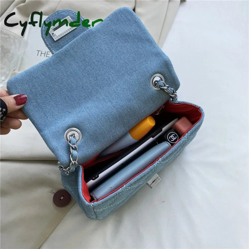 Cyflymder Denim Quilted Chain Small Crossbody Shoulder Bags For Women Brand Designer Jean Blue