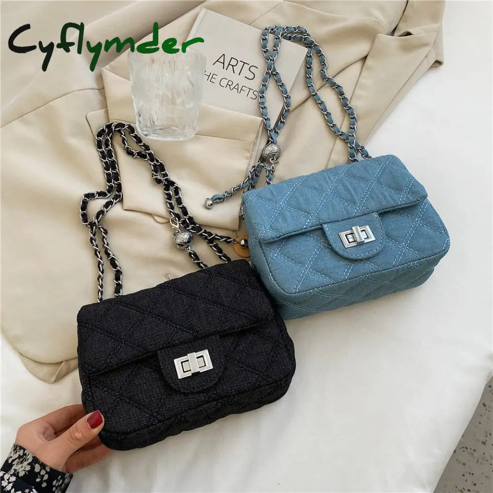 Cyflymder Denim Quilted Chain Small Crossbody Shoulder Bags For Women Brand Designer Jean Blue