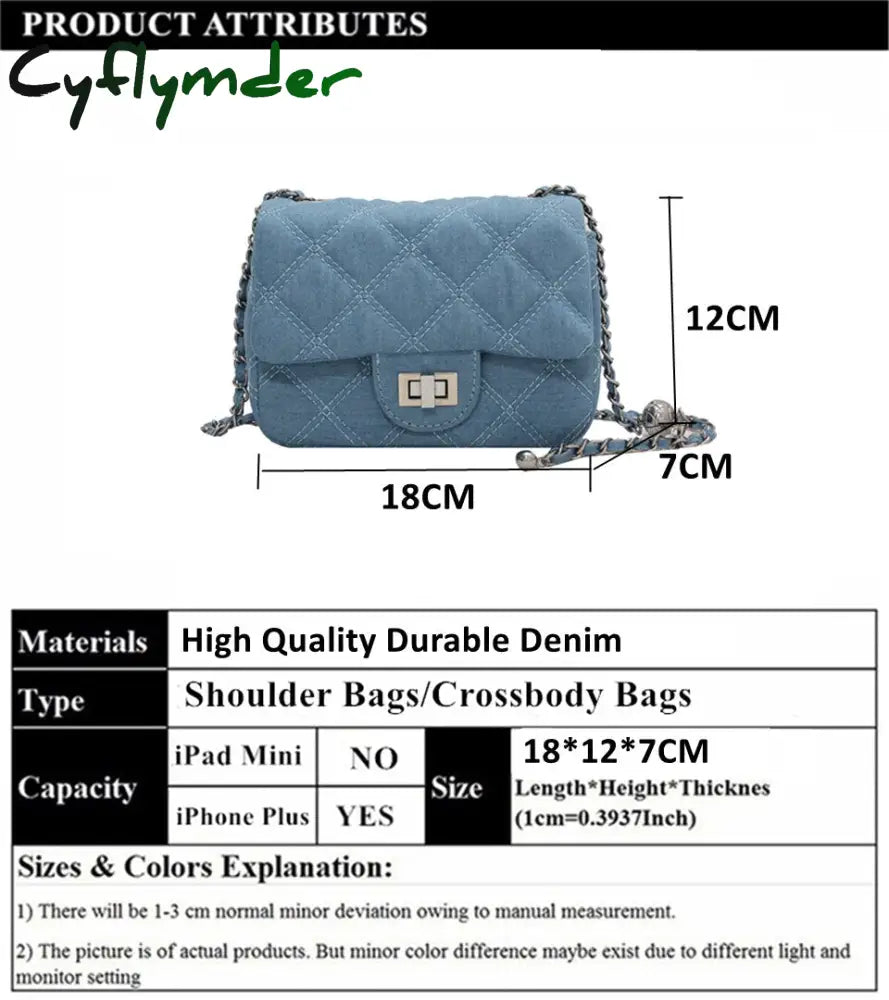 Cyflymder Denim Quilted Chain Small Crossbody Shoulder Bags For Women Brand Designer Jean Blue