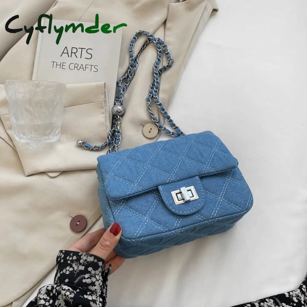 Cyflymder Denim Quilted Chain Small Crossbody Shoulder Bags For Women Brand Designer Jean Blue