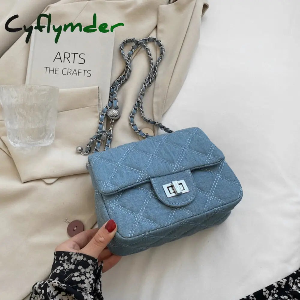 Cyflymder Denim Quilted Chain Small Crossbody Shoulder Bags For Women Brand Designer Jean Blue