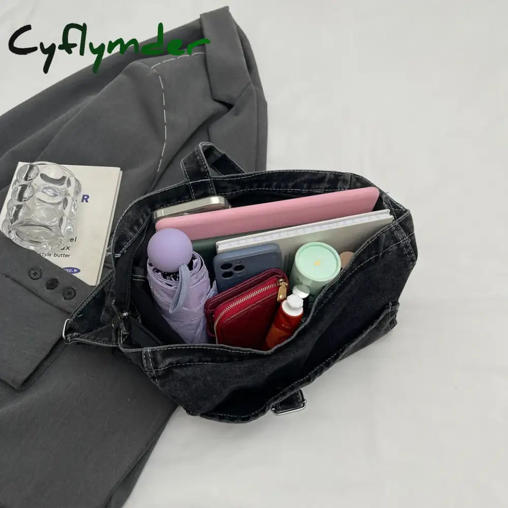 Cyflymder Denim Shoulder Bags For Women Solid Black Canvas Crossbody Large Capacity Cloth Packages