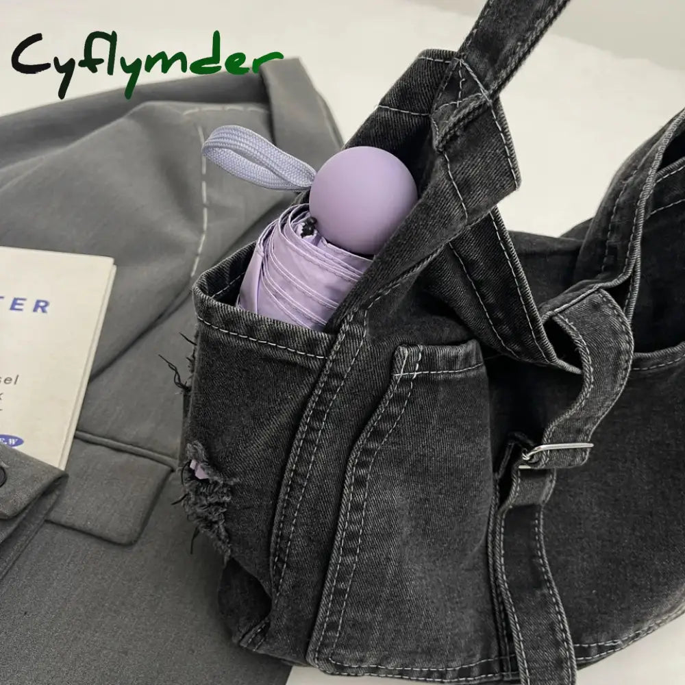 Cyflymder Denim Shoulder Bags For Women Solid Black Canvas Crossbody Large Capacity Cloth Packages