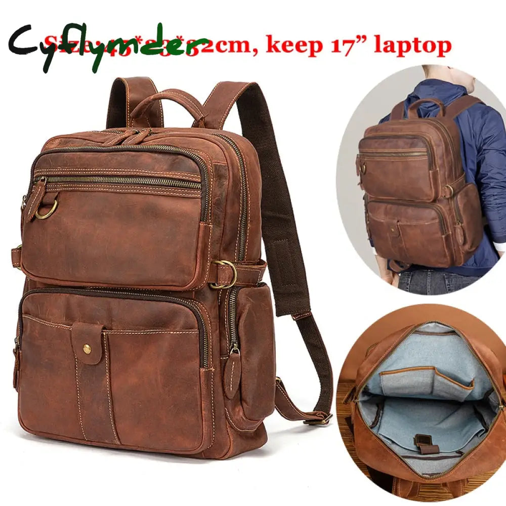 Cyflymder Design Men Male Real Genuine Leather Large Capacity Travel University College School Book