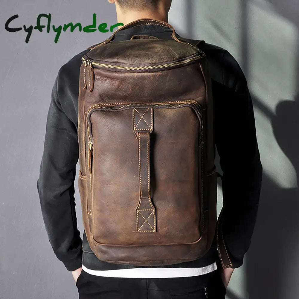 Cyflymder Design Men Male Real Genuine Leather Large Capacity Travel University College School Book