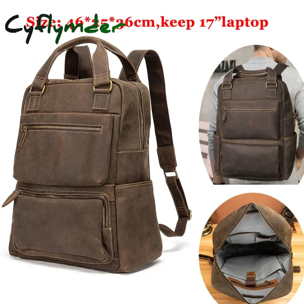 Cyflymder Design Men Male Real Genuine Leather Large Capacity Travel University College School Book