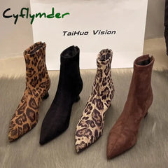 Cyflymder Designer Leopard Print Women Ankle Boots Fashion Pointed Toe Short Booties Concise Thick Heels Botas De Mujer