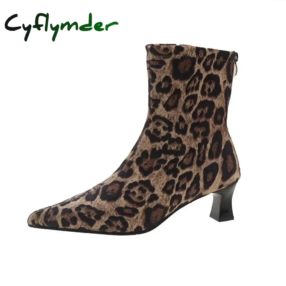 Cyflymder Designer Leopard Print Women Ankle Boots Fashion Pointed Toe Short Booties Concise Thick Heels Botas De Mujer