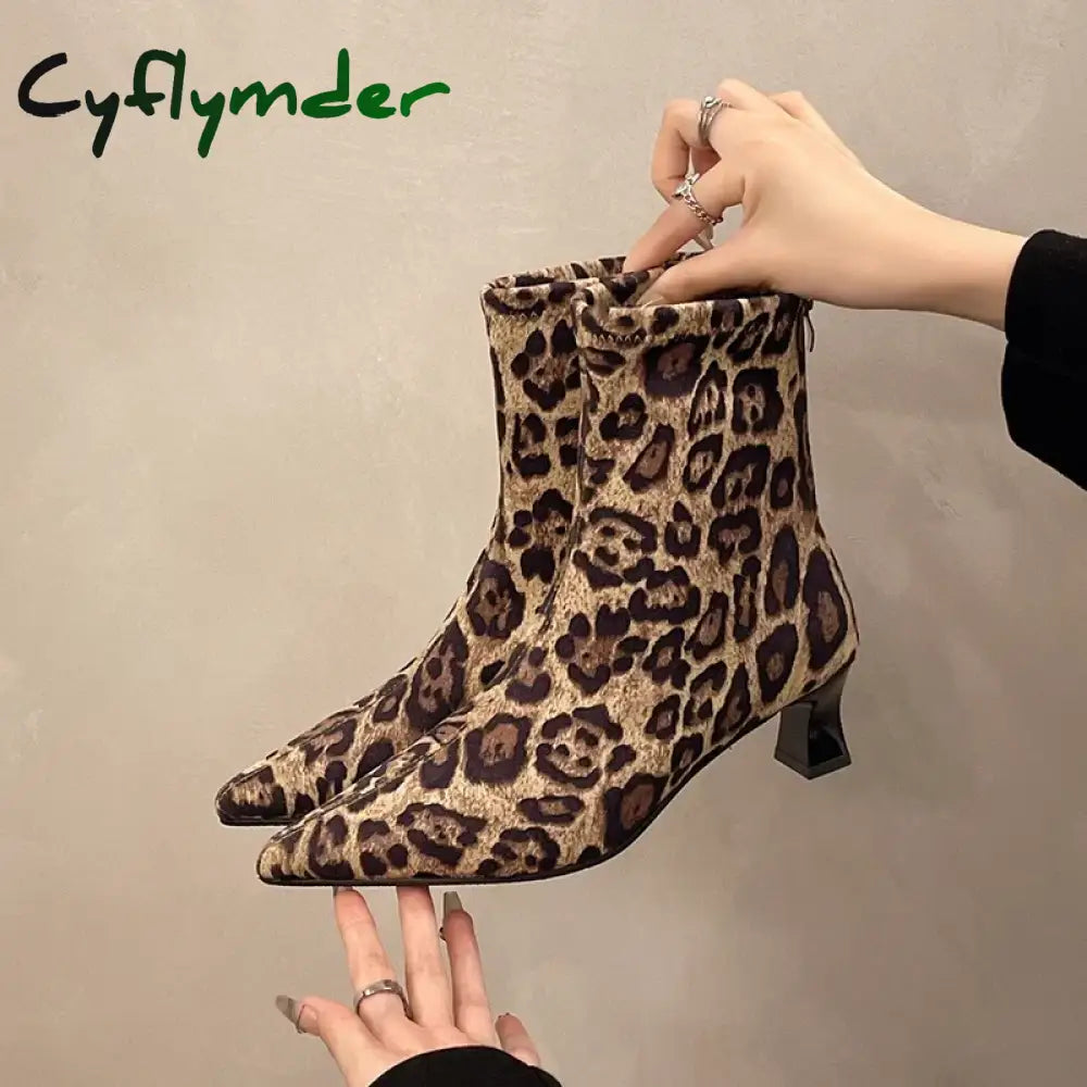 Cyflymder Designer Leopard Print Women Ankle Boots Fashion Pointed Toe Short Booties Concise Thick Heels Botas De Mujer